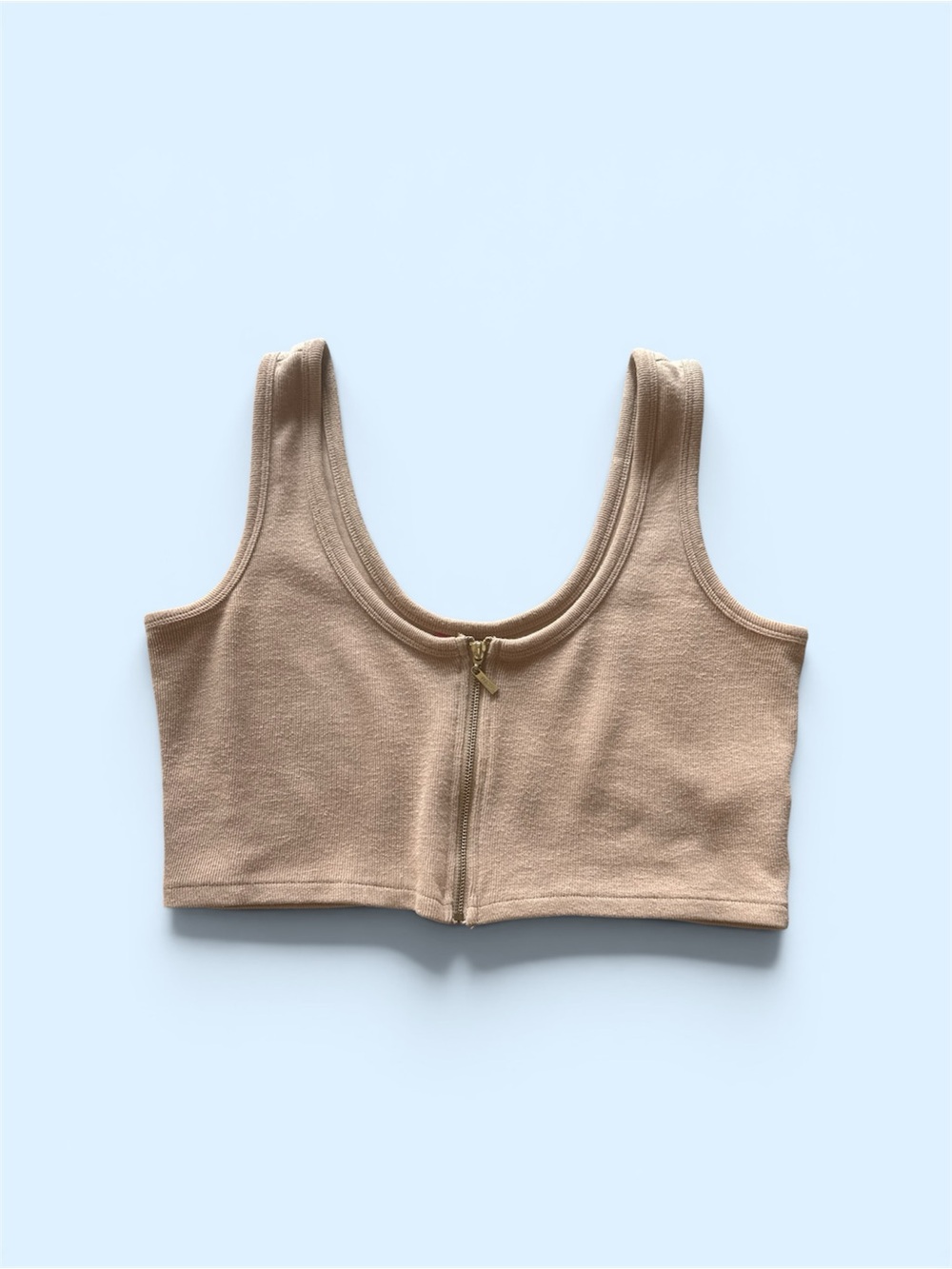 Guess Beige Zip-Front Crop Top with Gold Hardware
